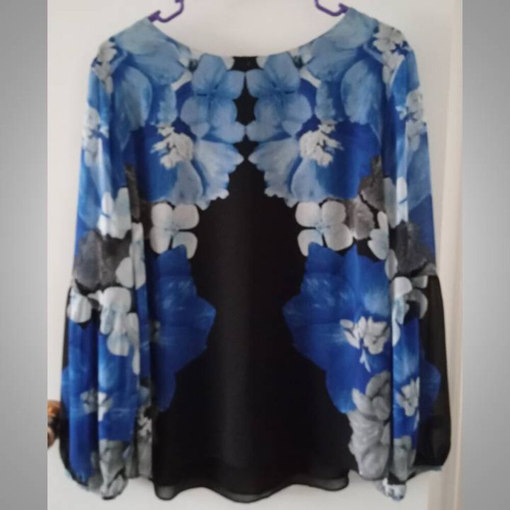 🔥 3/$30 Calvin Klein blue black flowy top blouse women's size medium. - Picture 2 of 5